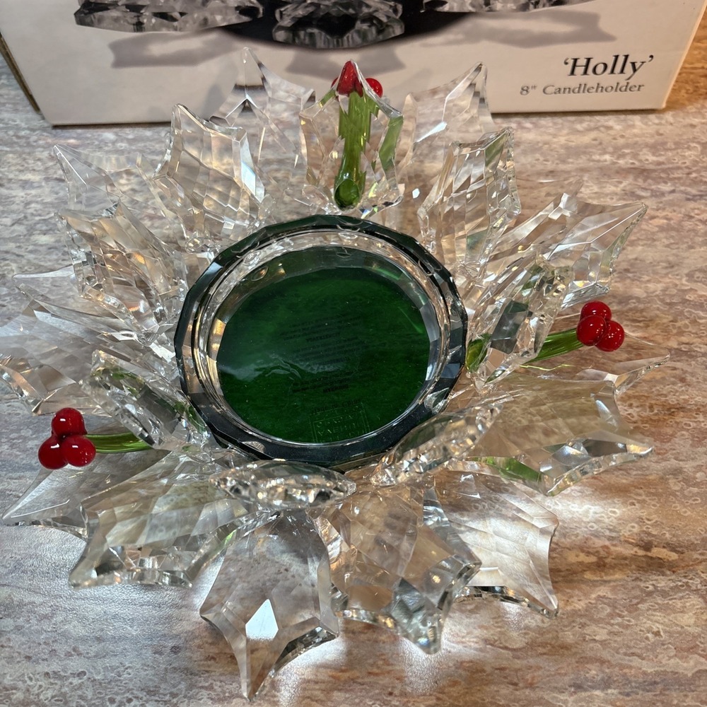 8 Inch "Lotus" candleholder 5th Avenue Crystal Vintage Christmas Holly Rare New